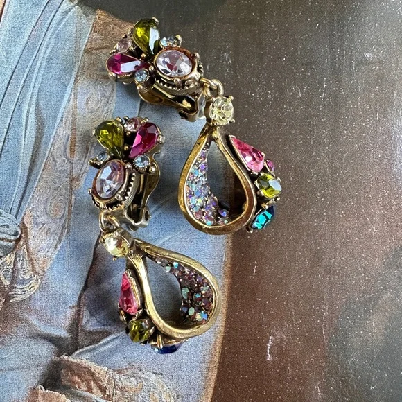 Vintage 1950s Signed Hollycraft Jewel Crystal Clip On Earrings - Picture 3 of 8